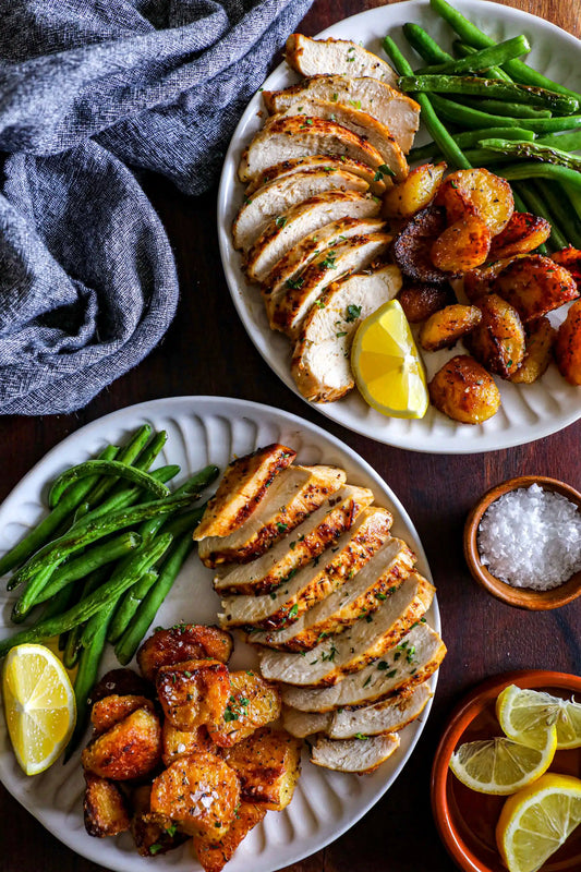 Lemon-Pepper Grilled Chicken with Duck Fat Potatoes and Roasted Green Beans | DF, GF