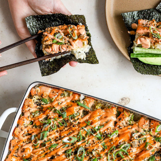 Sushi Bake with Wild Salmon and Fresh Lump Crab with Sesame Roasted Seaweed | Pesca, GF